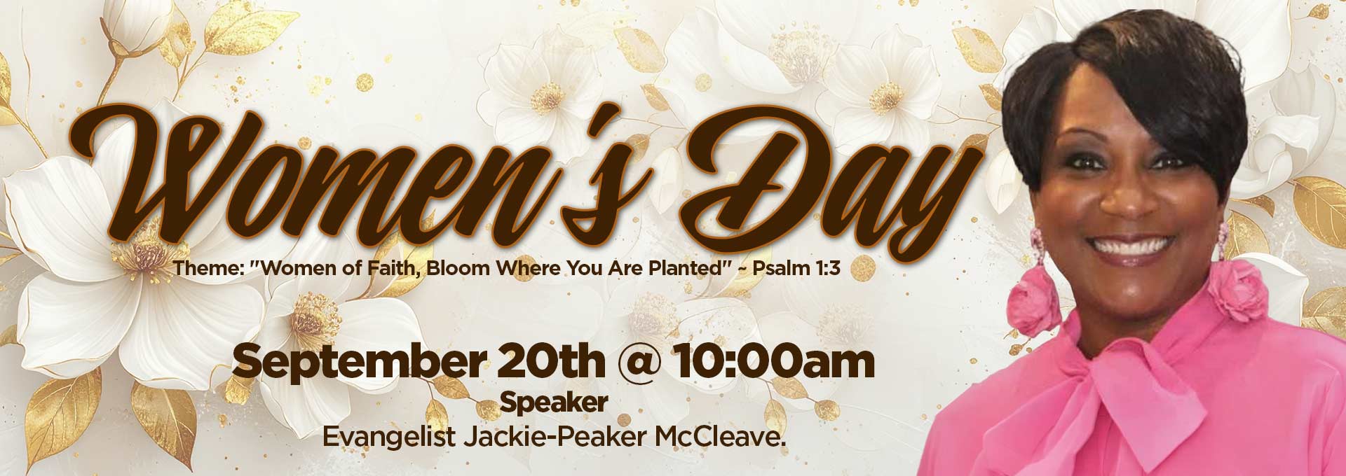 womens day advertisement for september 20th with brown and white flowers in the background